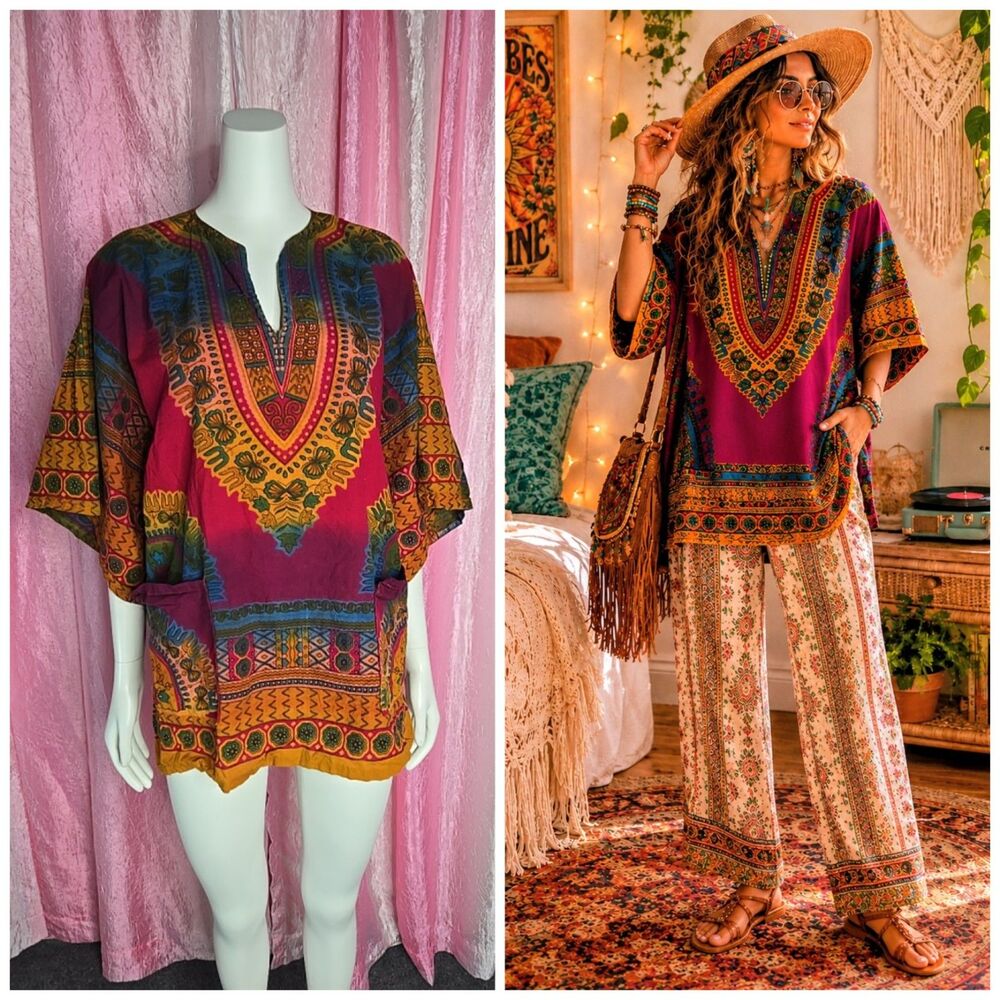 Gypsy Rose Original Bohemian 90's Earthy Handcrafted Smock Dashiki Top One Size